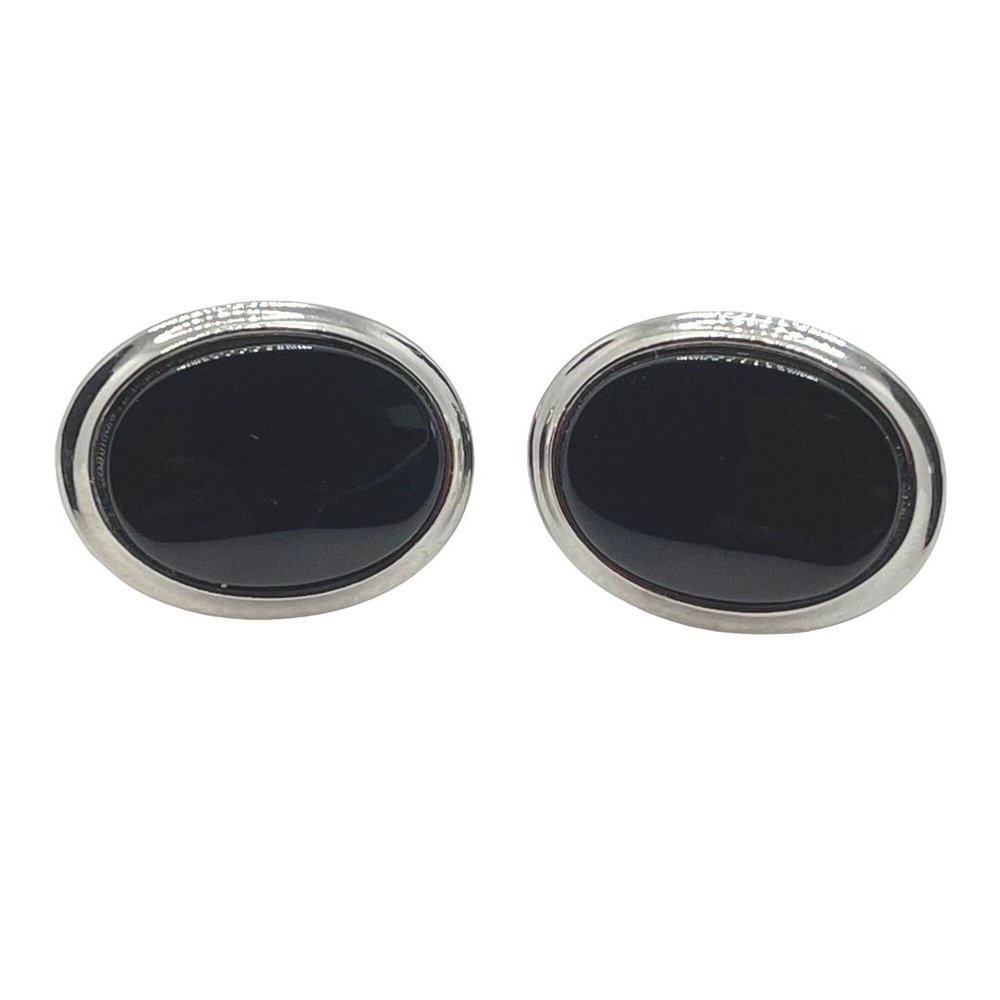 Vintage Silver-Tone Cufflinks Large Oval Black Center